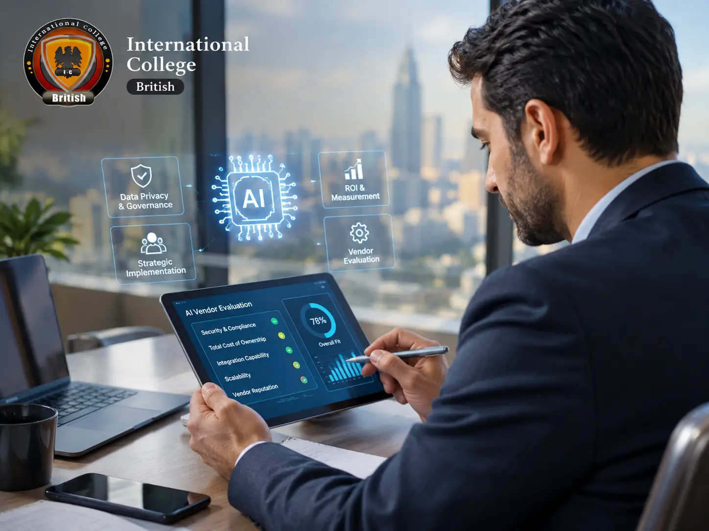 A business manager reviewing an AI integration strategy and vendor evaluation dashboard on a digital tablet